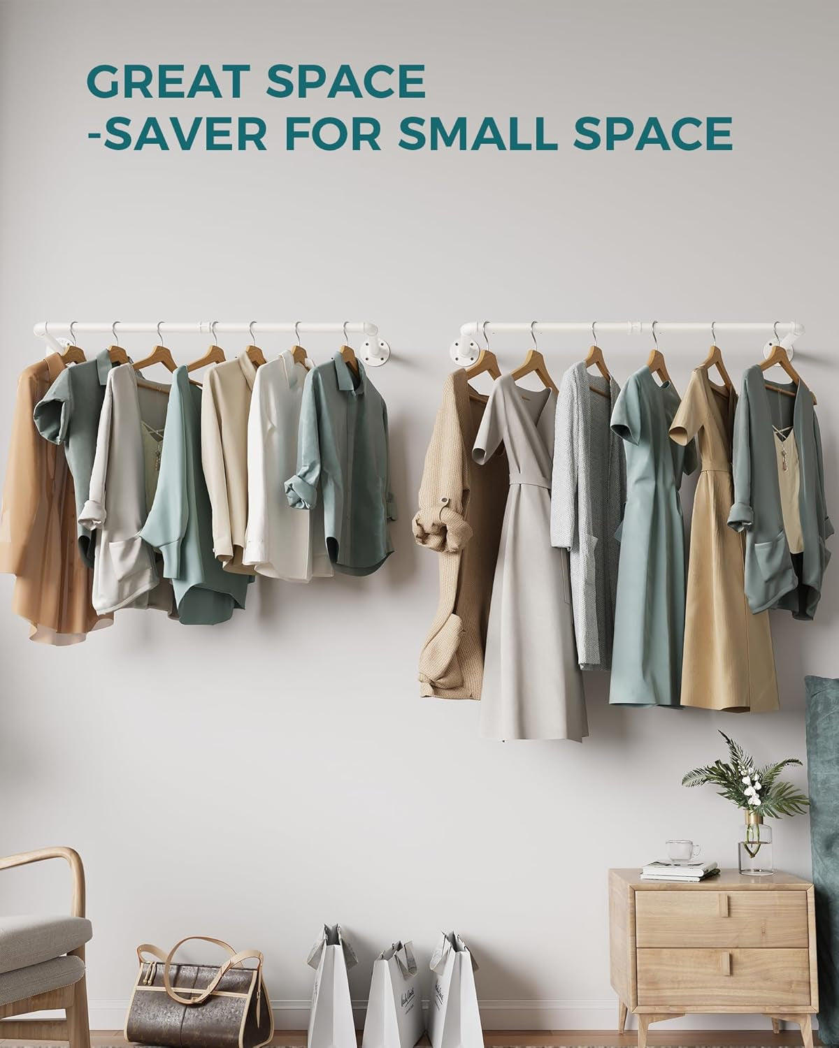 Industrial Pipe Clothes Rack Wall Mounted Set of 2, 38.4 Inches Heavy Duty Iron Pipe Clothing Garment Rail, Multi-Purpose Clothing Hanging Rod for Laundry Room and Closet Storage, White