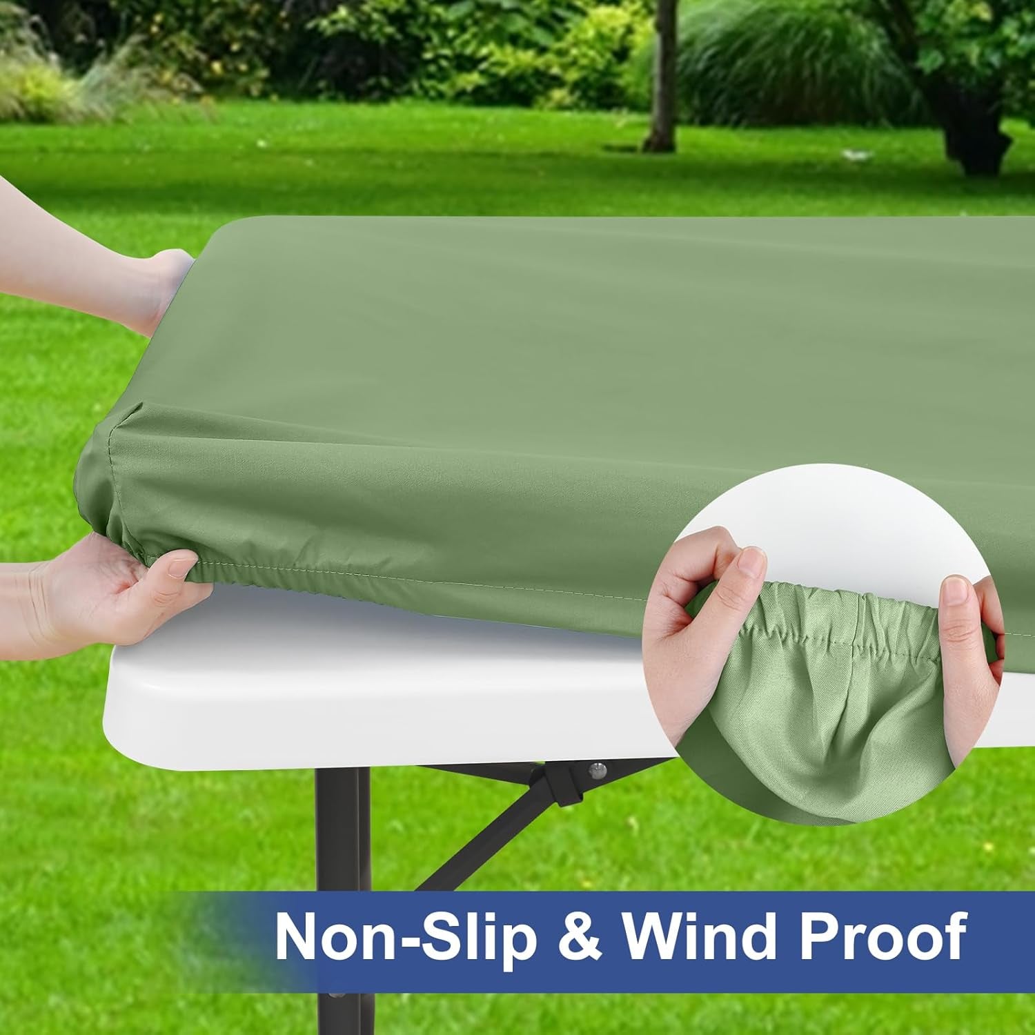 2 Pack 6 Foot Rectangle Elastic Fitted Tablecloth, Waterproof Fabric Table Cover, Washable Polyester Table Cloth for Picnic, Camping, Outdoor (Sage Green, 30" X 72")