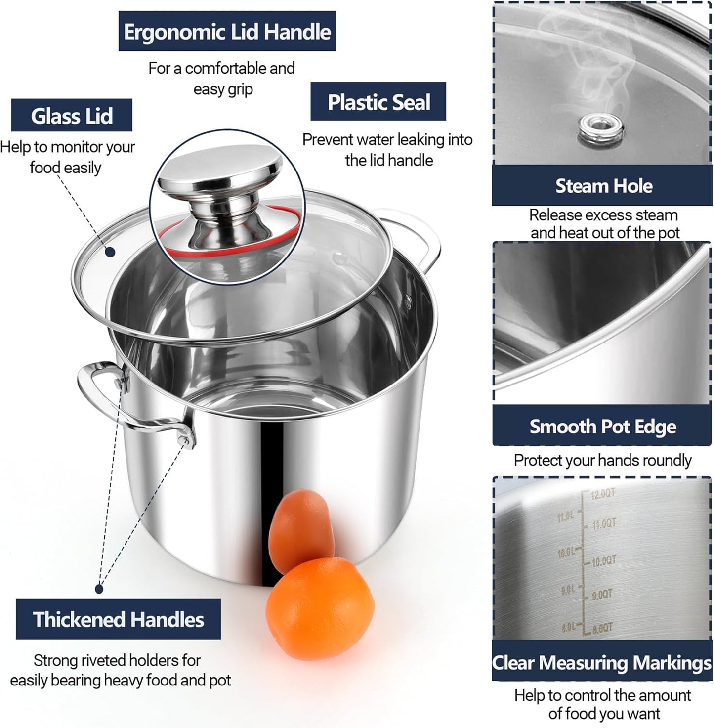 12 Quart Stainless Steel Stock Pot with Lid, Large Stockpot for Cooking Pasta Soup, Cookware for Induction Gas Electric Stoves, Visible Lid & Measuring Markings, Dishwasher Safe