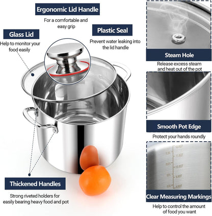 12 Quart Stainless Steel Stock Pot with Lid, Large Stockpot for Cooking Pasta Soup, Cookware for Induction Gas Electric Stoves, Visible Lid & Measuring Markings, Dishwasher Safe