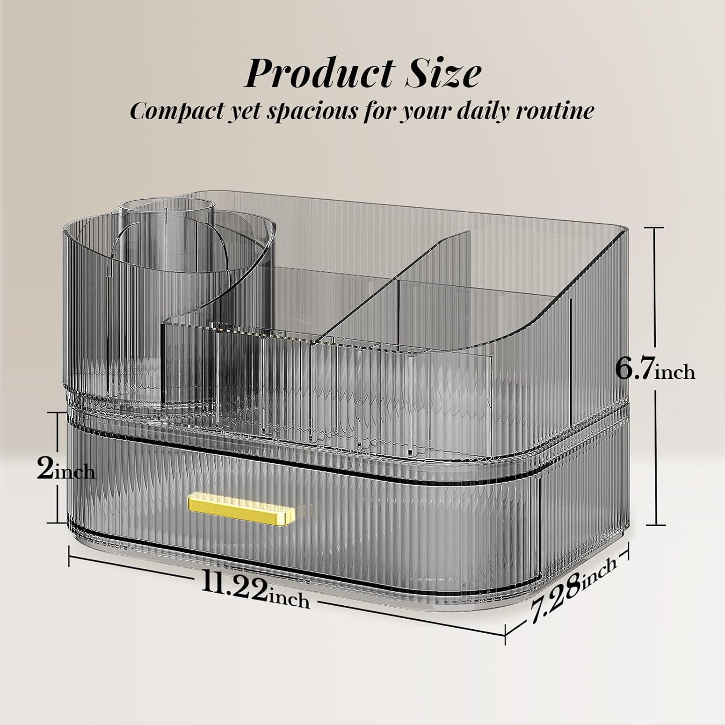 Makeup Organizer for Vanity with Stackable Drawers, 360 Rotating Makeup Brush Holder Large Cosmetic Display Case for Dresser, Bathroom Countertop Skincare Organizers and Storage, Crystal Black