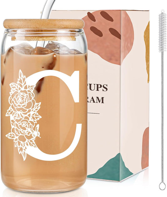 Gifts for Holidays,Birthday Gifts for Women,Personalized Initial Glass Cup as Iced Coffee Cups,Aesthetic Smoothie Cup Cute Beer Tumbler,16 Oz Glass Cups with Lids and Straws-C(1Psc)