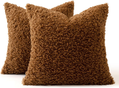Pack of 2 Faux Fur Throw Pillow Covers 18X18 Inch Bronze Boucle Decorative Sherpa Pillow Covers Fuzzy Accent Soft Sheepskin Fleece for Boho Home Decor Sofa Living Room Couch Bed