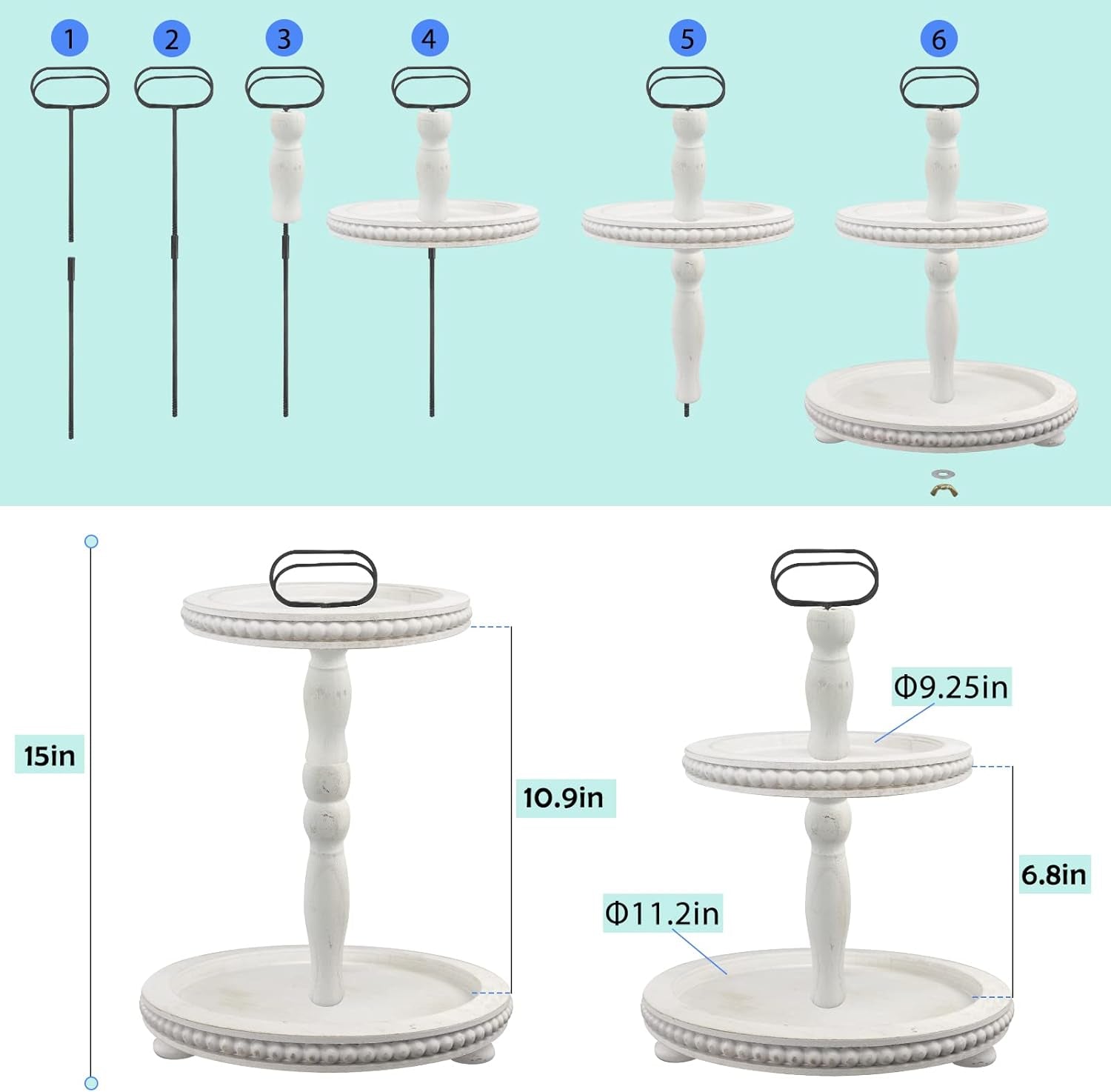 Wooden Decorative Tray Two Tiered Trays Decorations round Serving Tray with Metal Handle, Wooden Cupcake Stand for Party Tiered Dessert Stand - Retro White Farmhouse Wood Tray