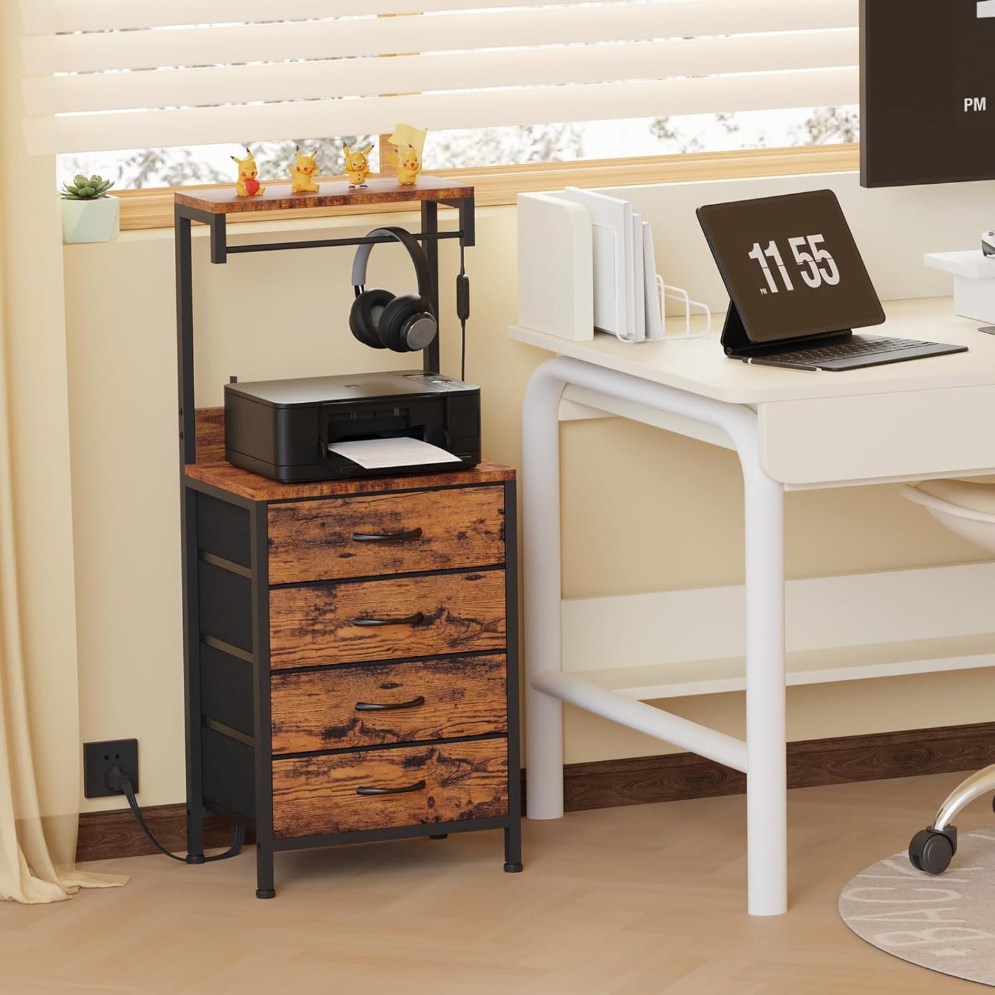 38-Inch Tall Nightstand with Charging Station, 4 Fabric Drawers, LED Lights, and Storage Shelf - Rustic Brown Metal Frame and Wood Shelves for Bedroom or Office