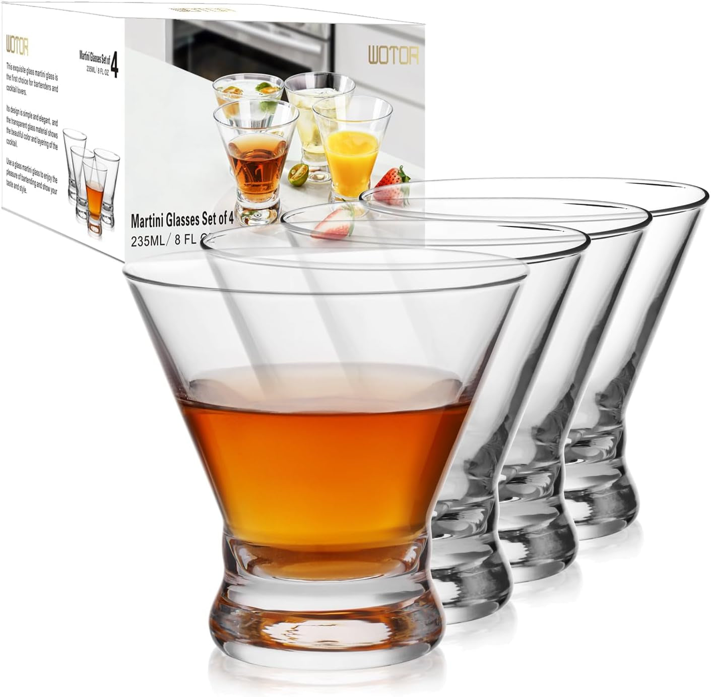 Stemless Martini Glasses Set of 4, 8Oz Cocktail Glass Set, Fancy Modern Martini Cups for Bar, Short and Small Margarita Glasses