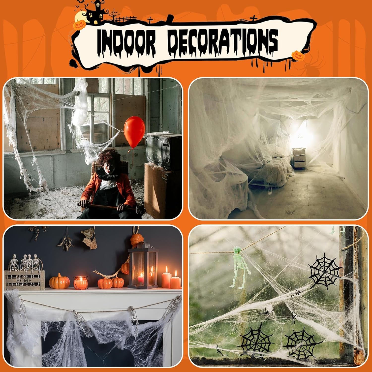 1400 Sqft Halloween Spider Web Decoration with 100 Extra Fake Spiders, Super Stretchy Cobwebs for Halloween Decoration Outdoor and Indoor