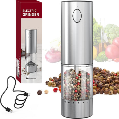 Stainless Steel Electric Pepper Grinder, Rechargeable Pepper Mills with LED Light, 6-Level External Adjustable Coarseness for Easy Use