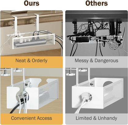 under Desk Cable Management Tray with 2 Open Holes - Metal Mesh Wire Management with F-Clamp, No Drill Cord Organizer, Home Office Cable Tray under Desk Storage & Accessories, 1 Pack, White