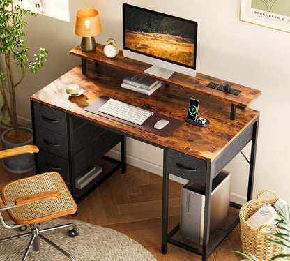 47-Inch Computer Desk with Four Drawers, LED Lighting, and Power Outlets - Spacious Home Office and Gaming Desk in Rustic Brown and Black