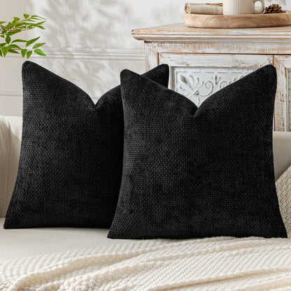 Pack of 2 Couch Throw Pillow Covers 18X18 Inch Black Modern Boho Accent Decorative Pillow Covers Soft Chenille Farmhouse Cushion Covers for Home Decor Bed Sofa Living Room