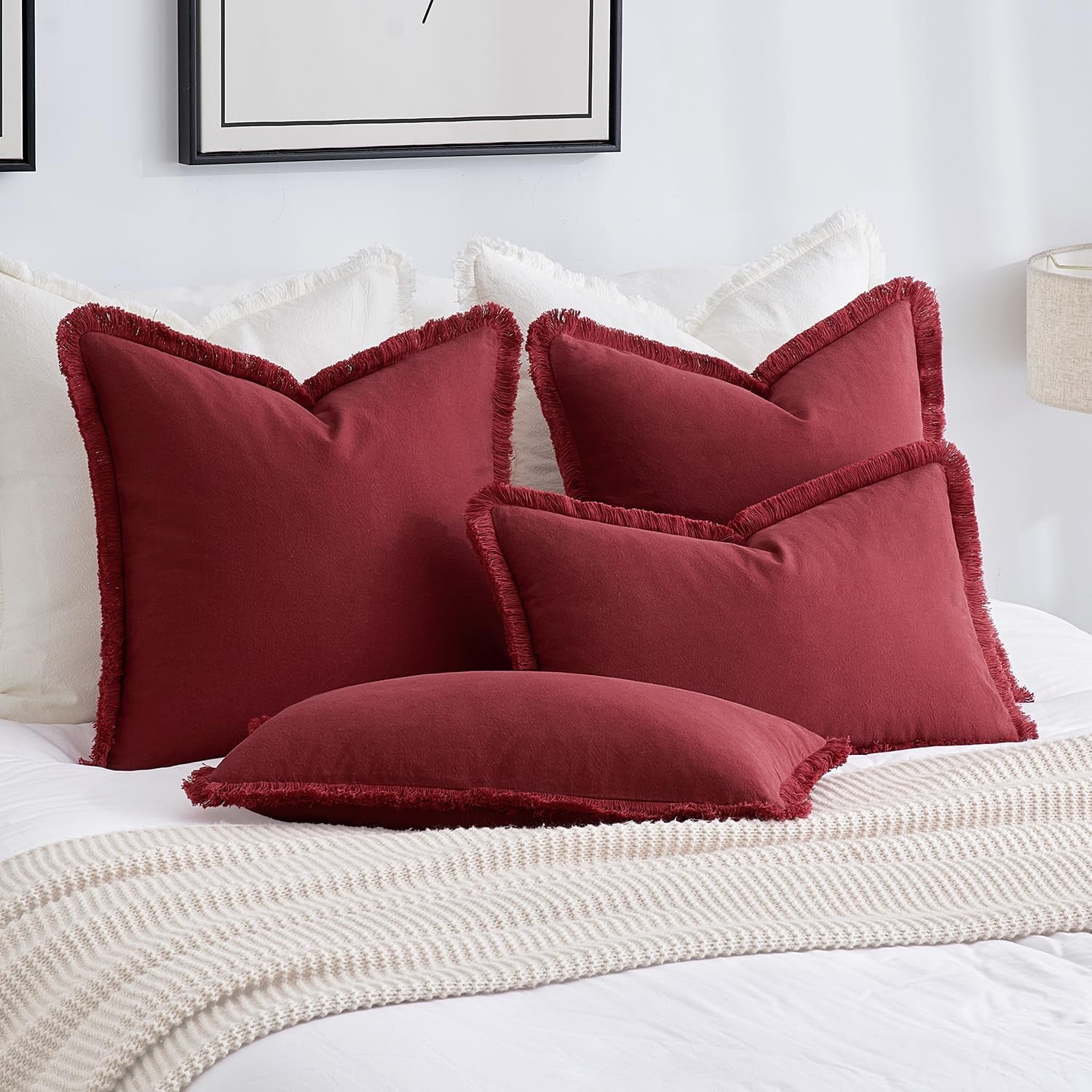 Throw Pillow Covers Boho Farmhouse 24X24 Christmas Set of 2 Decorative Burgundy Red Eruo Sham Couch with Fringe Chic Cotton Pillowcases Home Decor Accents for Cushion Soft Bed Living Room