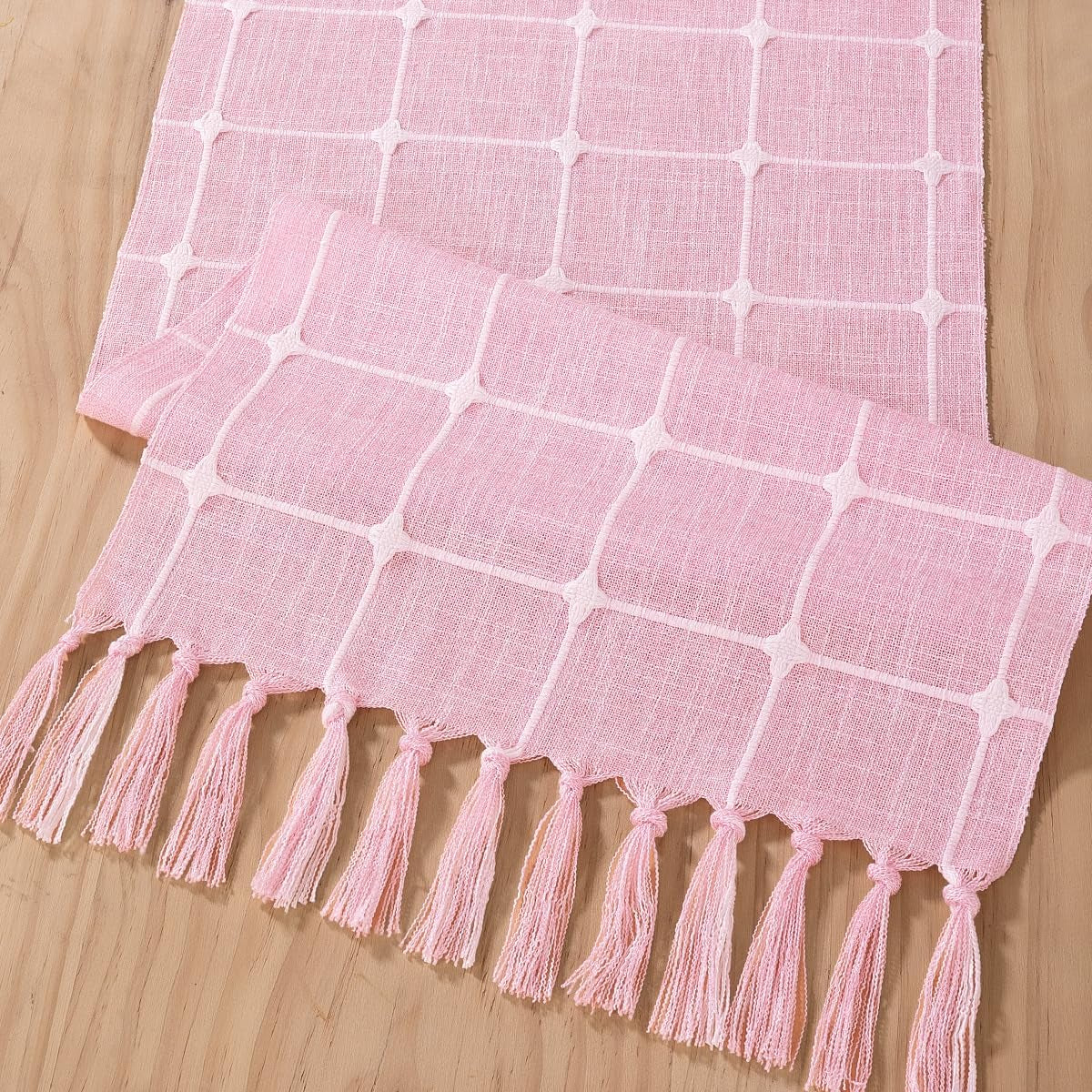 Farmhouse Table Runner 48 Inches Macrame Plaid Coffee Table Runner Cotton Rustic Fall Thanksgiving Table Runner with Tassels for Boho Home Decor Dining Living Room 13X48 Inches Pink