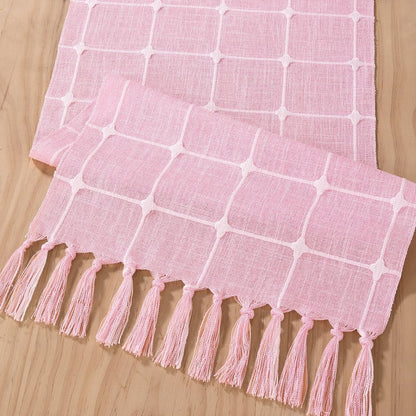 Farmhouse Table Runner 48 Inches Macrame Plaid Coffee Table Runner Cotton Rustic Fall Thanksgiving Table Runner with Tassels for Boho Home Decor Dining Living Room 13X48 Inches Pink