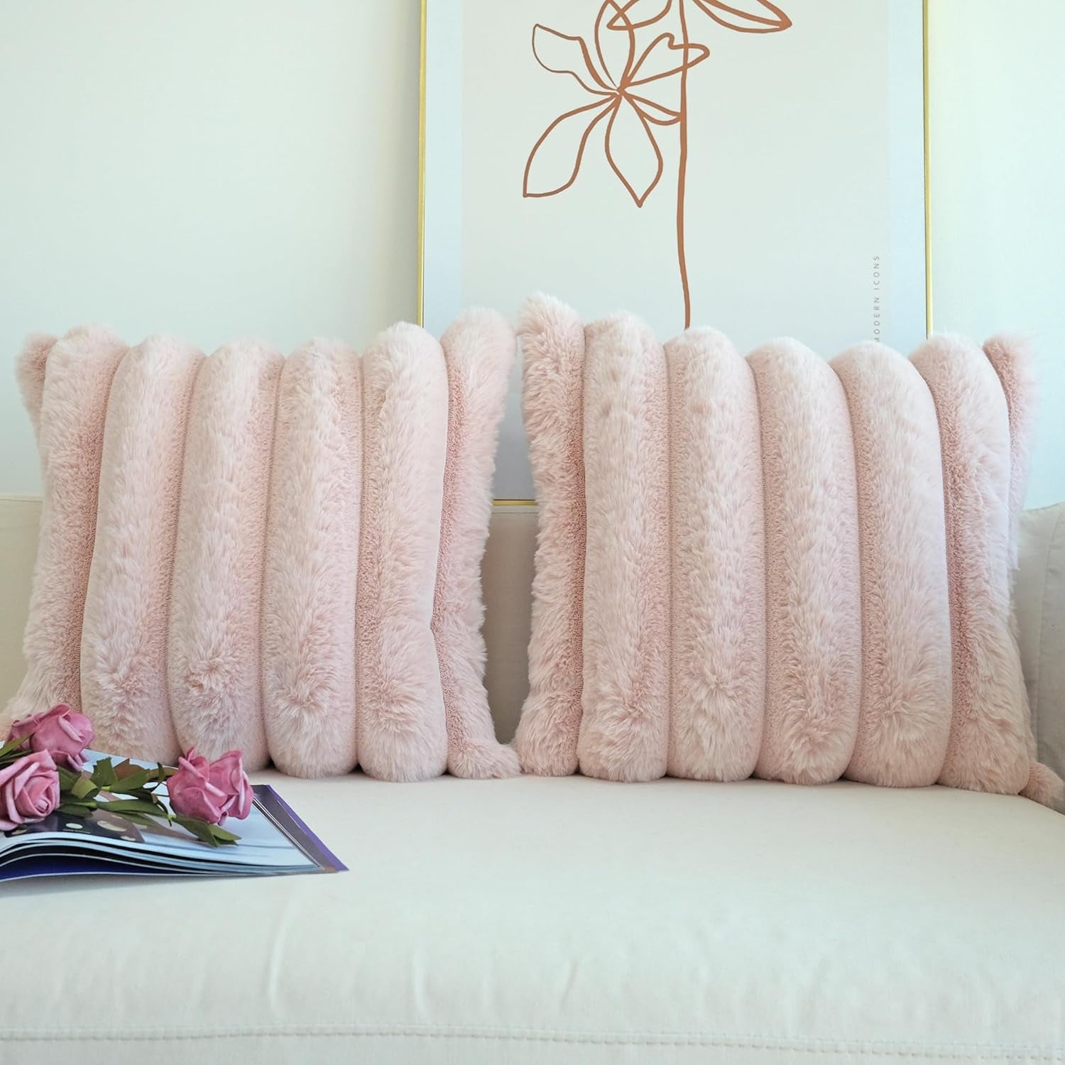 Pack of 2 Faux Fur Plush Decorative Throw Pillow Covers Couch Cushion Case Soft Fluffy Pillowcases Wide Stripe (Pink, 18 X 18 Inch)