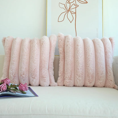 Pack of 2 Faux Fur Plush Decorative Throw Pillow Covers Couch Cushion Case Soft Fluffy Pillowcases Wide Stripe (Pink, 18 X 18 Inch)