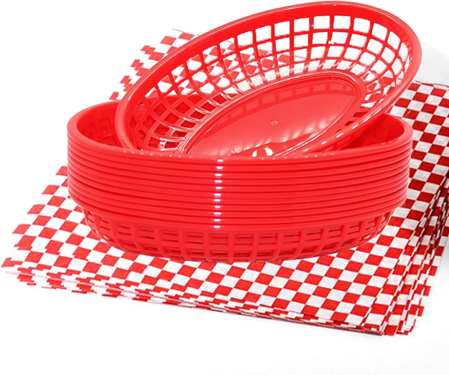 Retro Style Fast Food Basket (12Pk) and Checkered Deli Liner (100 Pk) Combo. Fast Food Basket Are Dishwasher Safe. Disposable Deli Paper Squares for Easy Cleanup (Red)