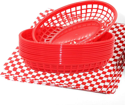 Retro Style Fast Food Basket (12Pk) and Checkered Deli Liner (100 Pk) Combo. Fast Food Basket Are Dishwasher Safe. Disposable Deli Paper Squares for Easy Cleanup (Red)