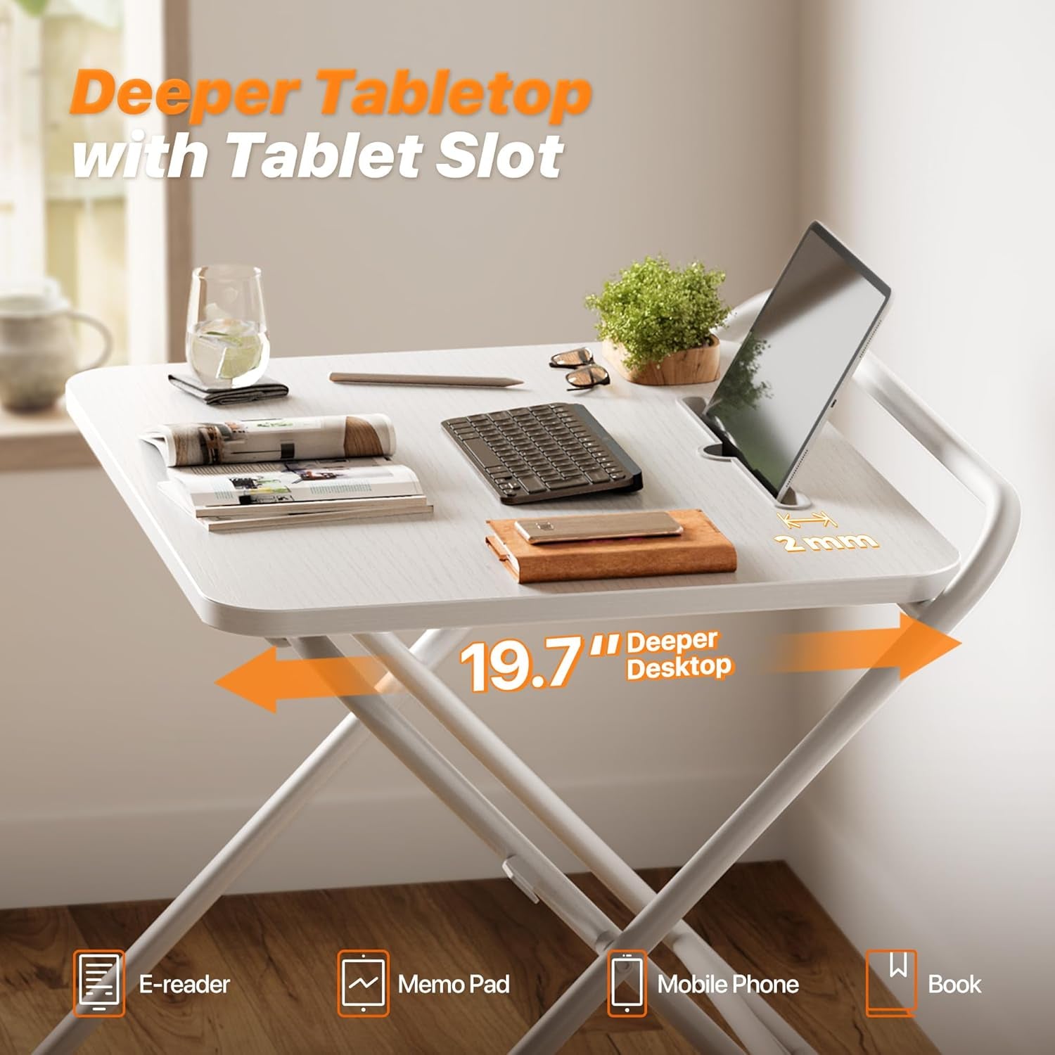 Folding Desk with Adjustable Height and Tablet Slot, 24-Inch Space-Saving Computer Desk for Home Office, Bedroom, and Study, White
