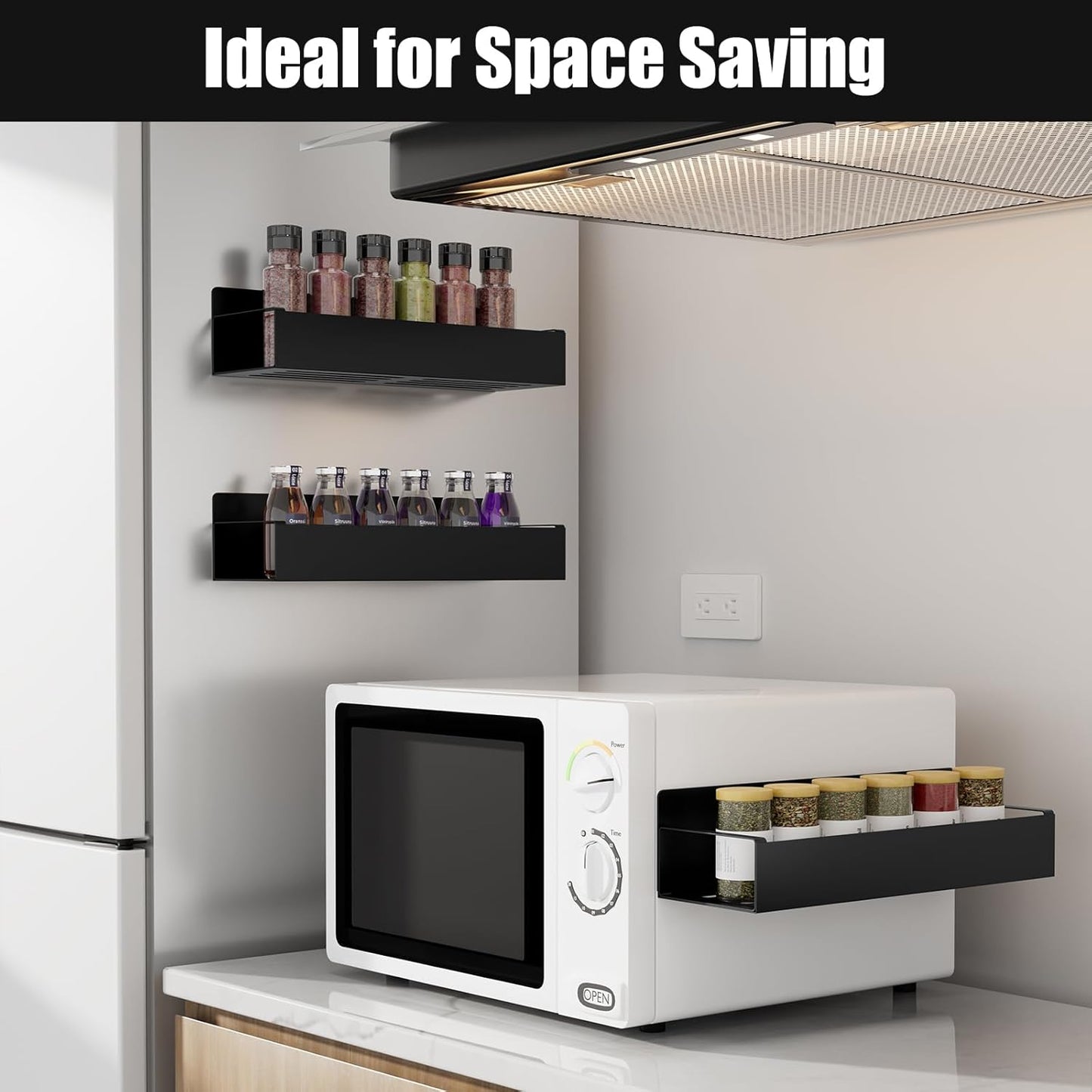 Magnetic Spice Rack for Refrigerator，Fridge Organizer for Kitchen Organization and Storage, 4 Pack (Black) Metal Shelf with 8 Moveable Hooks