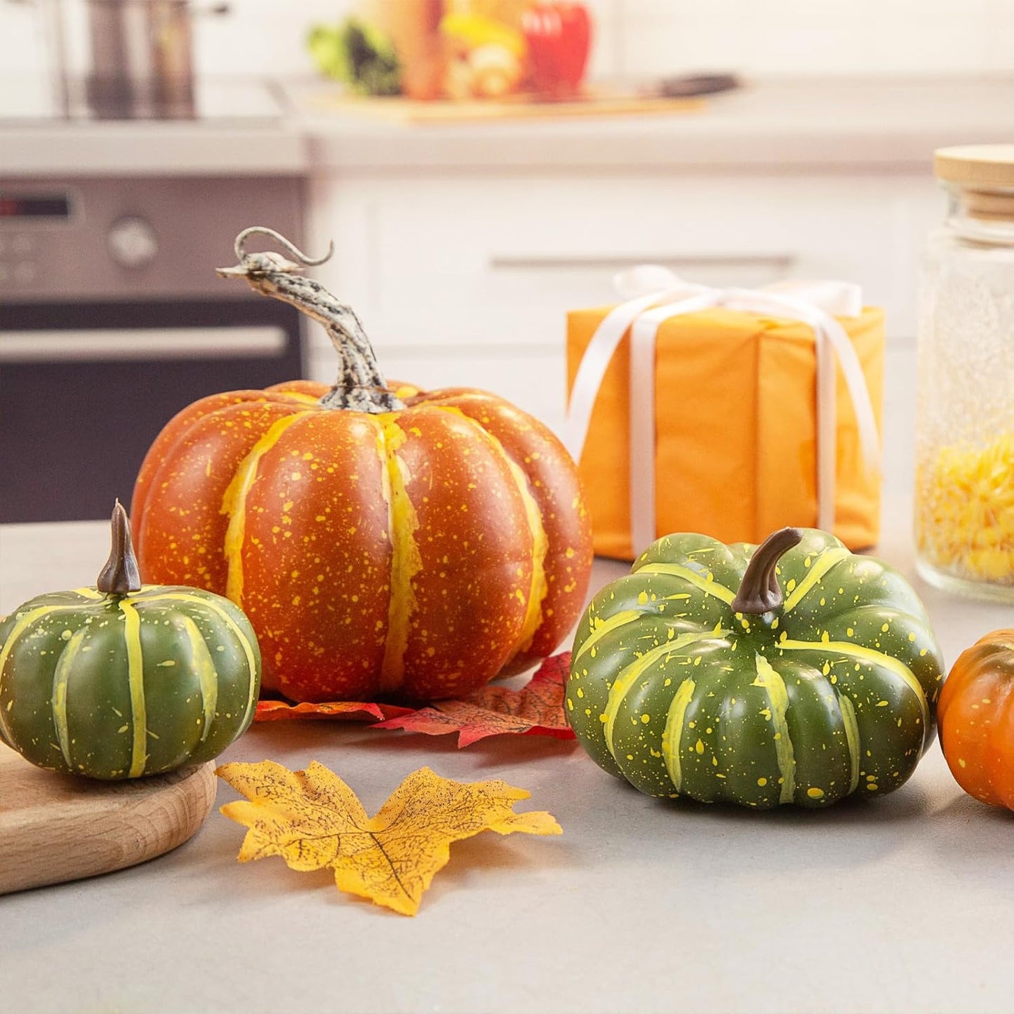 38 PCS Assorted Artificial Pumpkin Set, 8PCS Stacking Pumpkins with 30PCS Maple Leaves for Fall Harvest Home Thanksgiving Halloween Decor