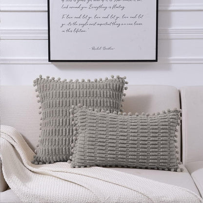 2 Packs Gray Farmhouse Decorative Throw Pillow Covers 18X18 Inch with Pom-Poms for Living Room Couch Bed Sofa, Rustic Boho Home Decor, Soft Striped Corduroy Square Cushion Case 45X45 Cm