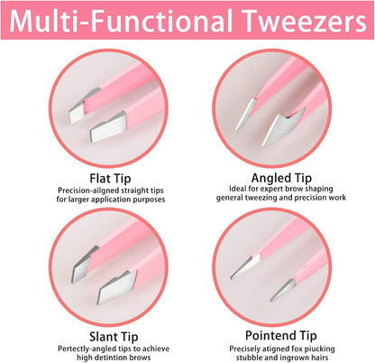 Tweezers Set 4-Piece, Professional Stainless Steel Tweezers, Precision Tweezers for Eyebrows, Facial Hair, Ingrown Hair, Splinter, Blackhead Remover (PINK)…