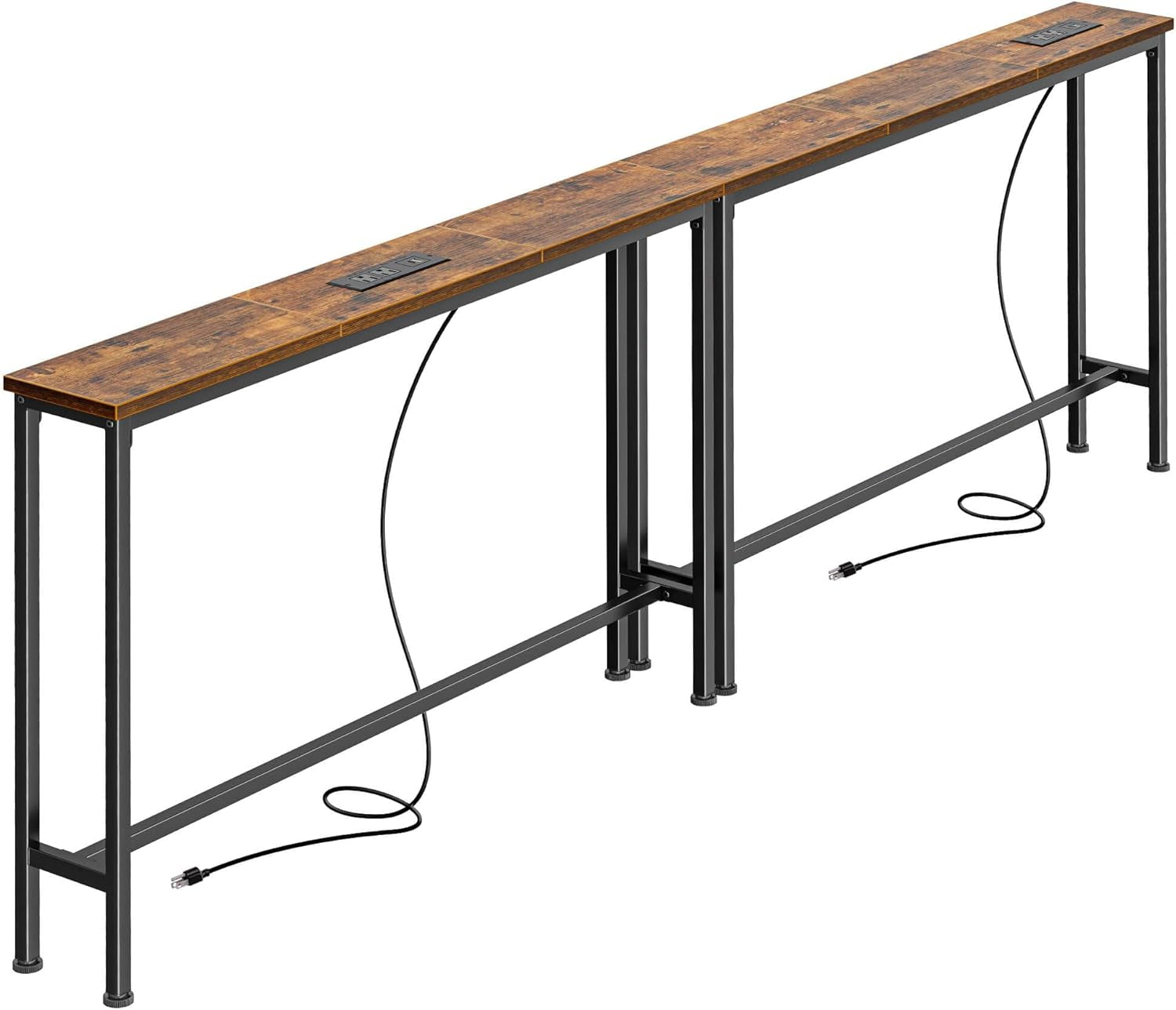 78.8-Inch Rustic Brown Narrow Console Table Set with Charging Station - Dual Sofa Tables for Living Room and Entryway