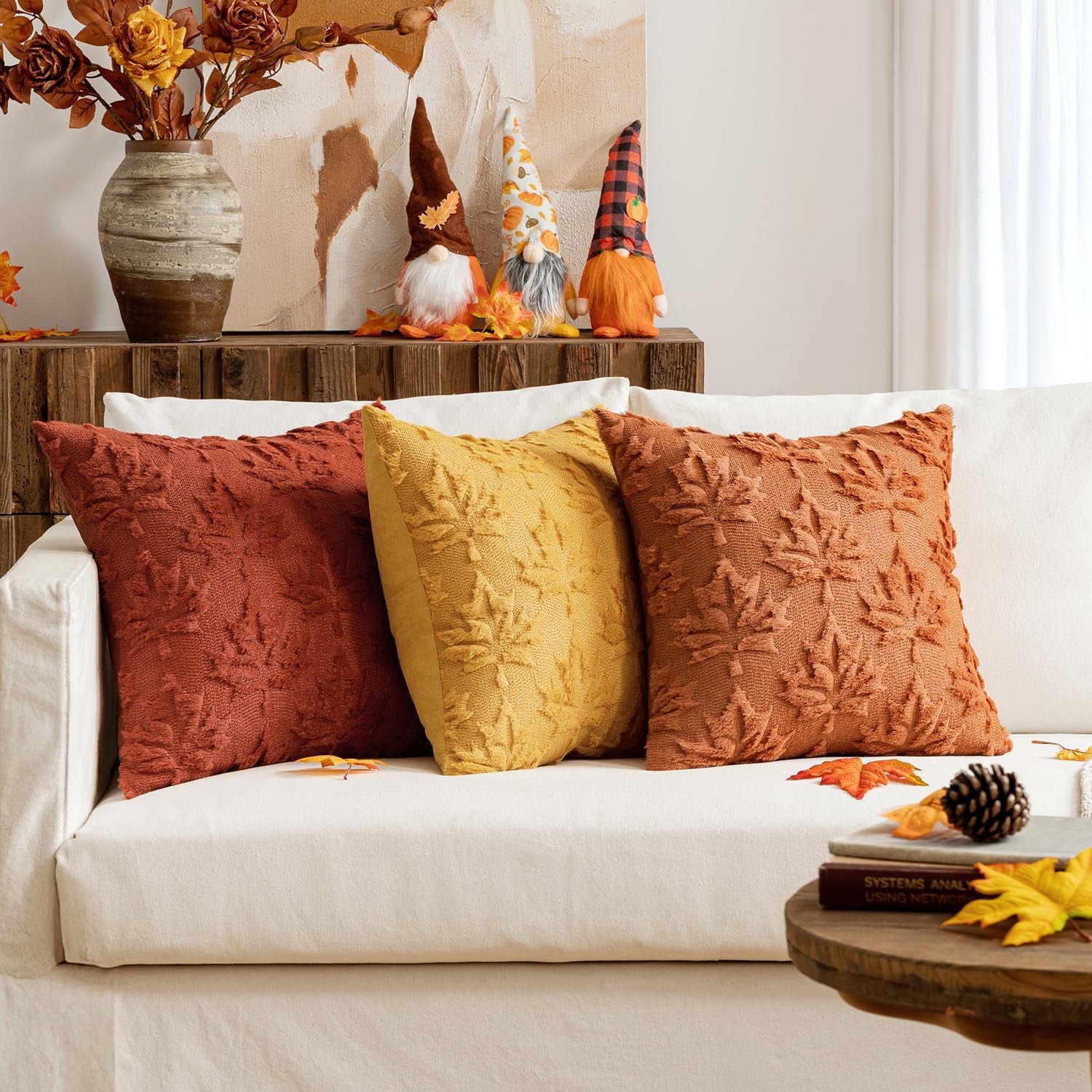 Mustard Yellow Fall Throw Pillow Covers 20x20 - Set of 2 Decorative Hollow Maple Leaf Accent Pillows in Soft Plush Faux Wool for Autumn Home Decor and Holiday Bedroom Use