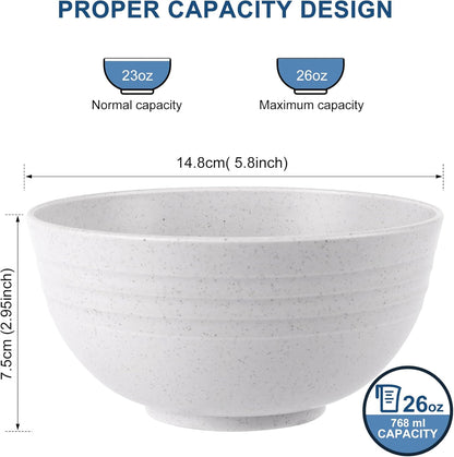 Unbreakable Wheat Straw Cereal Bowls - Microwave & Dishwasher Safe Soup and Salad Bowls BPA Free, Set of 8, 26Oz, White