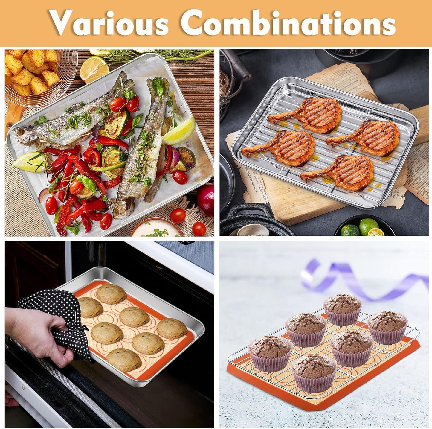 9 Inch Baking Oven Sheet Pan with Rack & Mat for Cookie, Stainless Steel Oven Sheet Tray Cooling Rack and Silicone Mat for Baking & Roasting, Dishwasher Safe & Healthy, 3Pcs