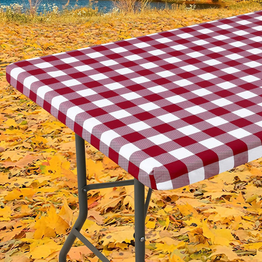 Rectangle Picnic Table Cloth, Elastic Waterproof Fitted Vinyl Tablecloths, Flannel Backed Buffalo Plaid Table Covers for Dining, Camping, Outdoor (Burgundy and White, 30" X 72")