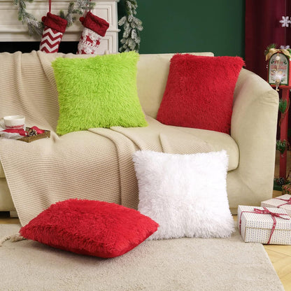 Pack of 2 Luxury Faux Fur Throw Pillow Cover Deluxe Winter Christmas Decorative Plush Pillow Case Cushion Cover Shell for Sofa Bedroom Car Spring 18X18 Inch Green