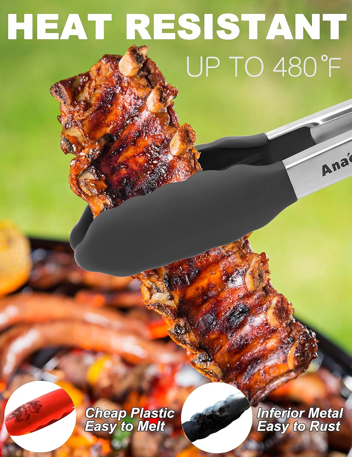 Non-Stick Silicone Locking Tong - Stainless Steel 7" Mini Kitchen Food Tongs with Non-Slip Silicone Tips and Grip for Cooking, Baking and BBQ - Heat Resistant up to 480°F (Black)