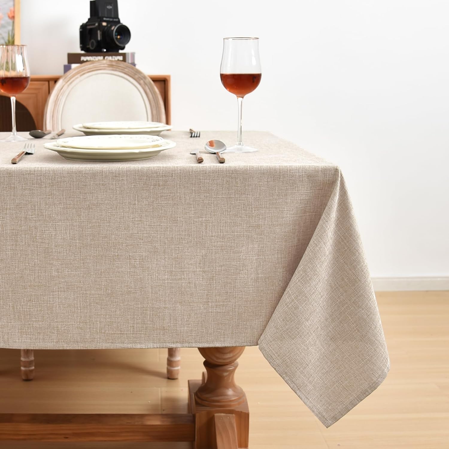 Faux Linen Beige Tablecloths 60 x 84 Inch - Set of 2 Neutral Covers for Rectangular Tables, Ideal for Dining, Weddings, Parties, Farmhouse Decor, and Outdoor Picnics