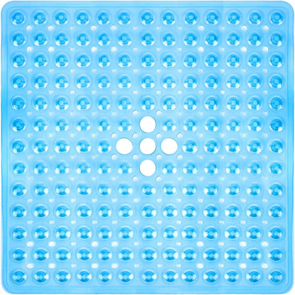 Shower Mat Non Slip 21 X 21 Inches, Square Shower Mat with Suction Cups and Drain Holes, Shower Stall Mat Machine Washable (Clear Blue)