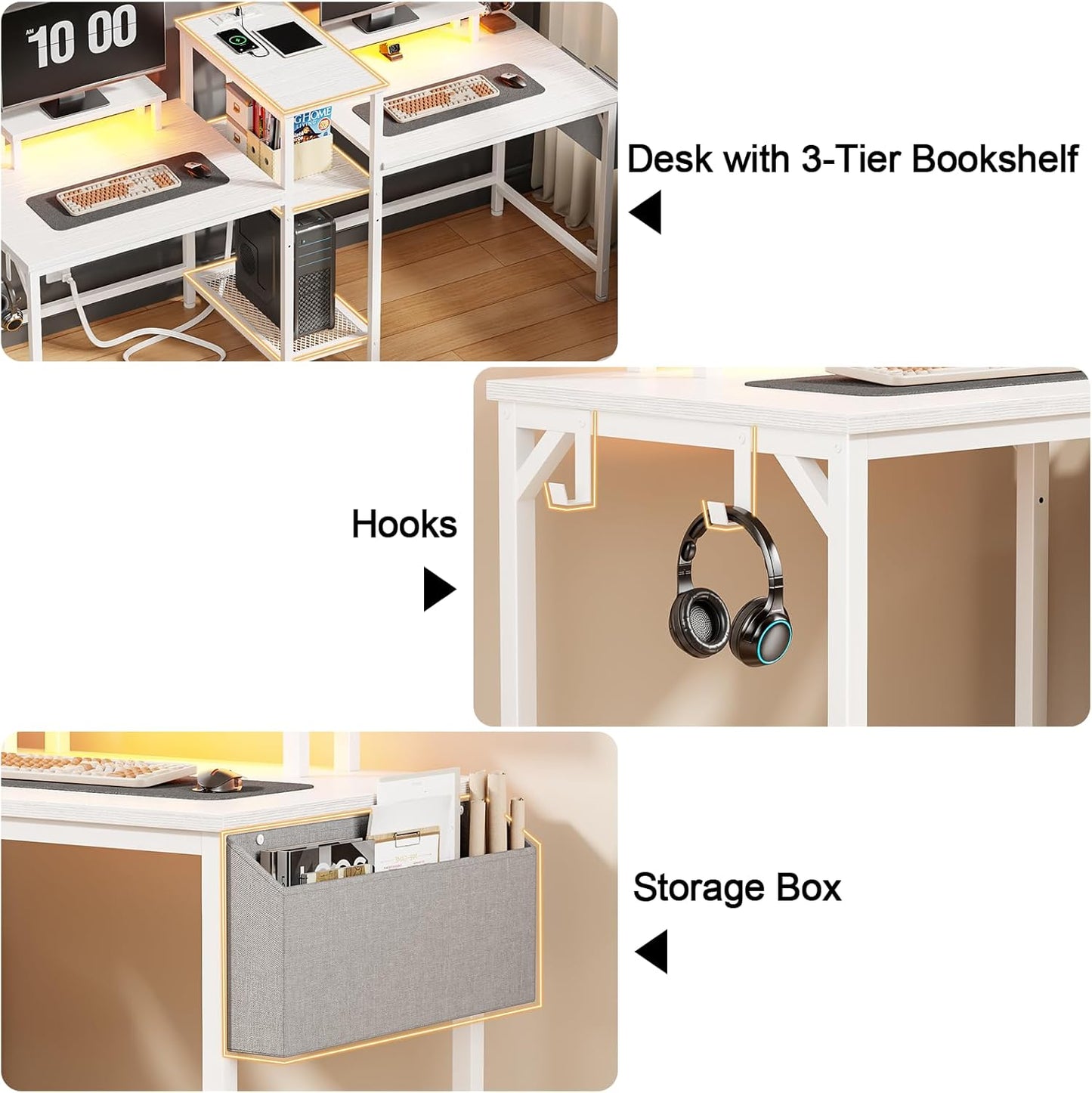 2 Person Gaming Desk with LED Lights, 71 Inch Computer Desk with Power Outlets and Monitor Stand, Double Desk with Storage Bag and Headphone Hooks, Study Writing Table for Home Office, White