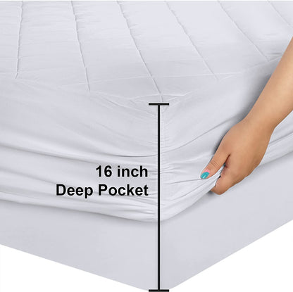 Quilted Fitted Mattress Pad, Queen Size, Elastic Fitted Mattress Topper Protector and Cover Stretches up to 16 Inches Deep, Machine Washable (White)