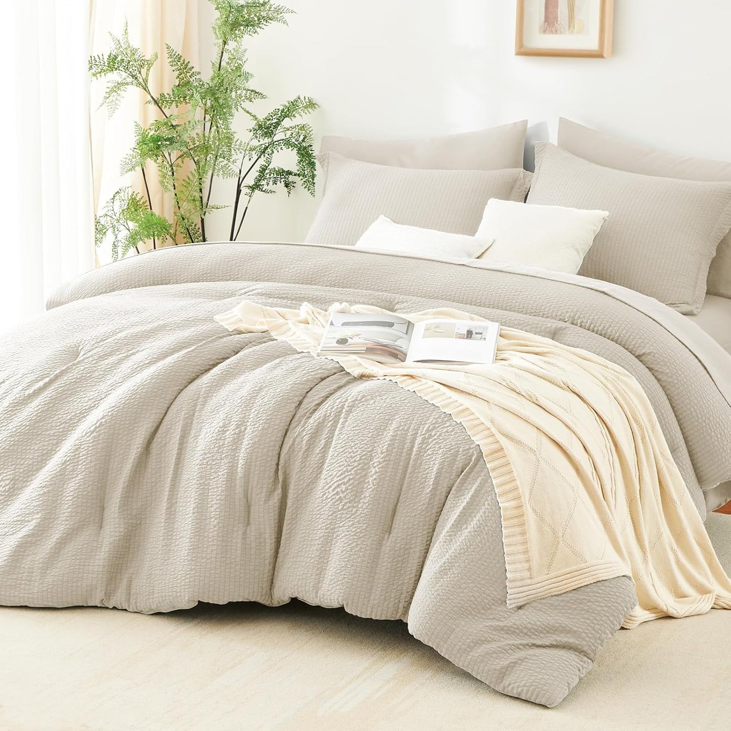Queen Comforter Set - 7 Pieces Seersucker Bed in a Bag, Soft Lightweight Boho Bedding Set with All Season Comforters Queen Size, Sheets, Pillowcases & Shams, Beige Queen