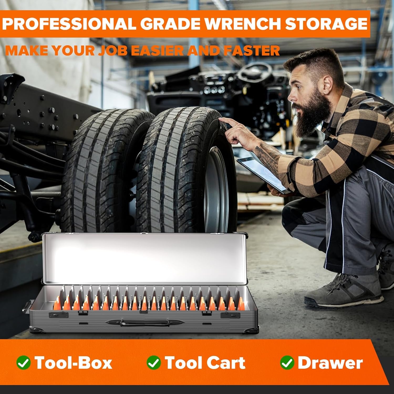 40PCS Modular Wrench Organizer - Wrench Tool Organizers for Tool Drawer Storage, Wrench Storage Set with Metric & SAE Label, Wrenches Rack Tool Gift for Professional Mechanics Men, Black & Orange