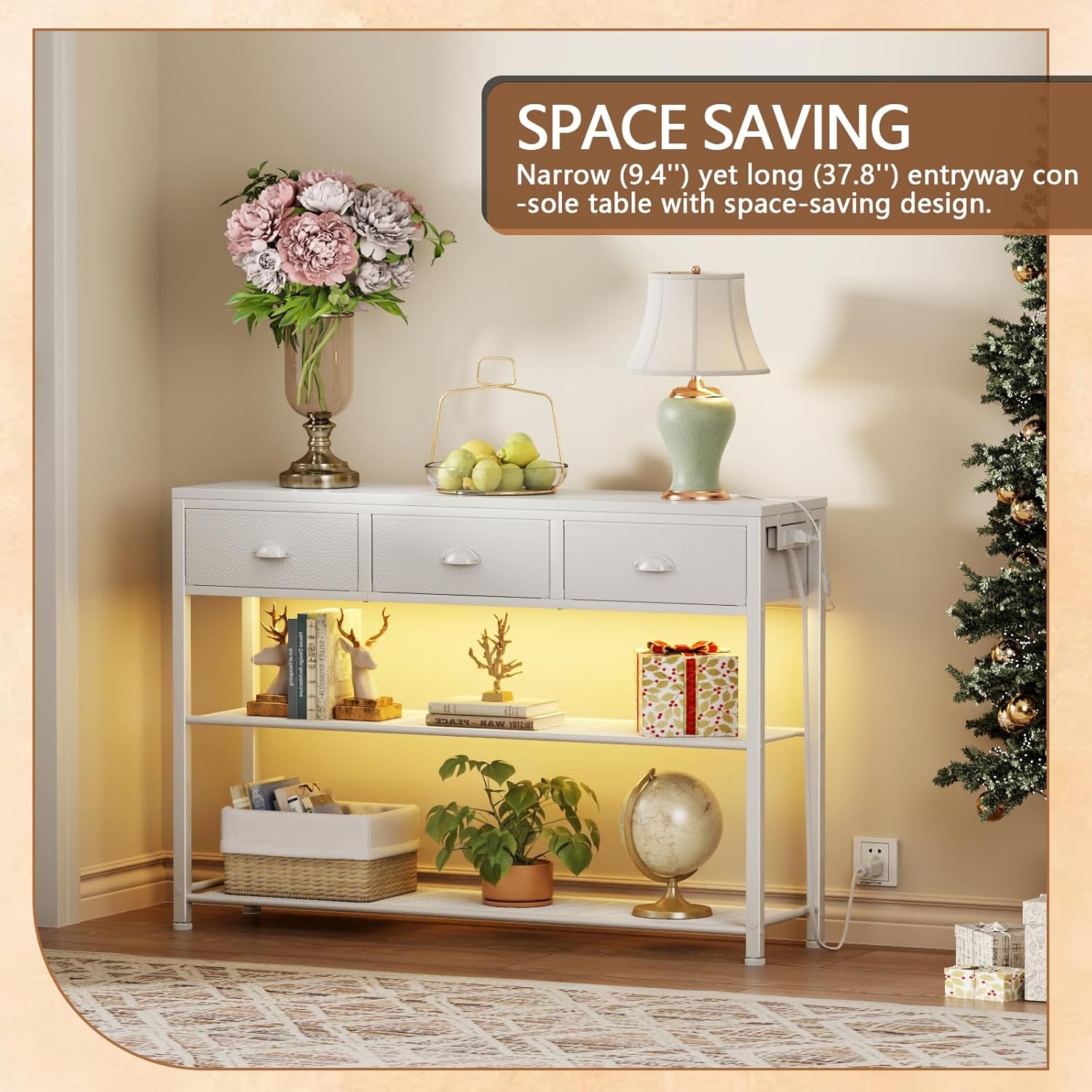 38In Console Table with 3 Drawers, Small Sofa Table with Lights and Power Outlets, Hallway Tables with 3-Tier Shelves, White Narrow Console Table for Entryway, Living Room, Couch, Foyer