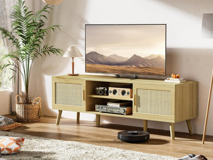 Bohemian-Style TV Stand for 65-Inch TVs, Adjustable Shelf Entertainment Center with Rattan Design, Dual Cabinets, Solid Wood Legs, Media Console with 4 Cord Management Holes - Natural Finish