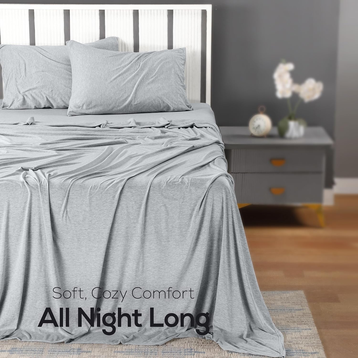 Queen Sheet Set - Jersey Knit Sheets 4 Piece – Cotton – Soft T-Shirt Stretchy Sheets (Heather Light Grey)