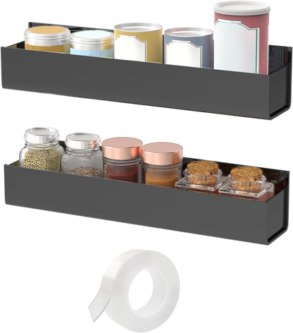Adhesive Acrylic Spice Rack with Nano Double Sided Tape Wall Mount Organizer, Black Wall Spice Rack with Shelf Ends for Kitchen Cabinet Door - 2 Pack 12‘’ Shelves
