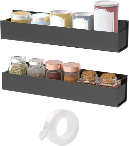 Adhesive Acrylic Spice Rack with Nano Double Sided Tape Wall Mount Organizer, Black Wall Spice Rack with Shelf Ends for Kitchen Cabinet Door - 2 Pack 12‘’ Shelves