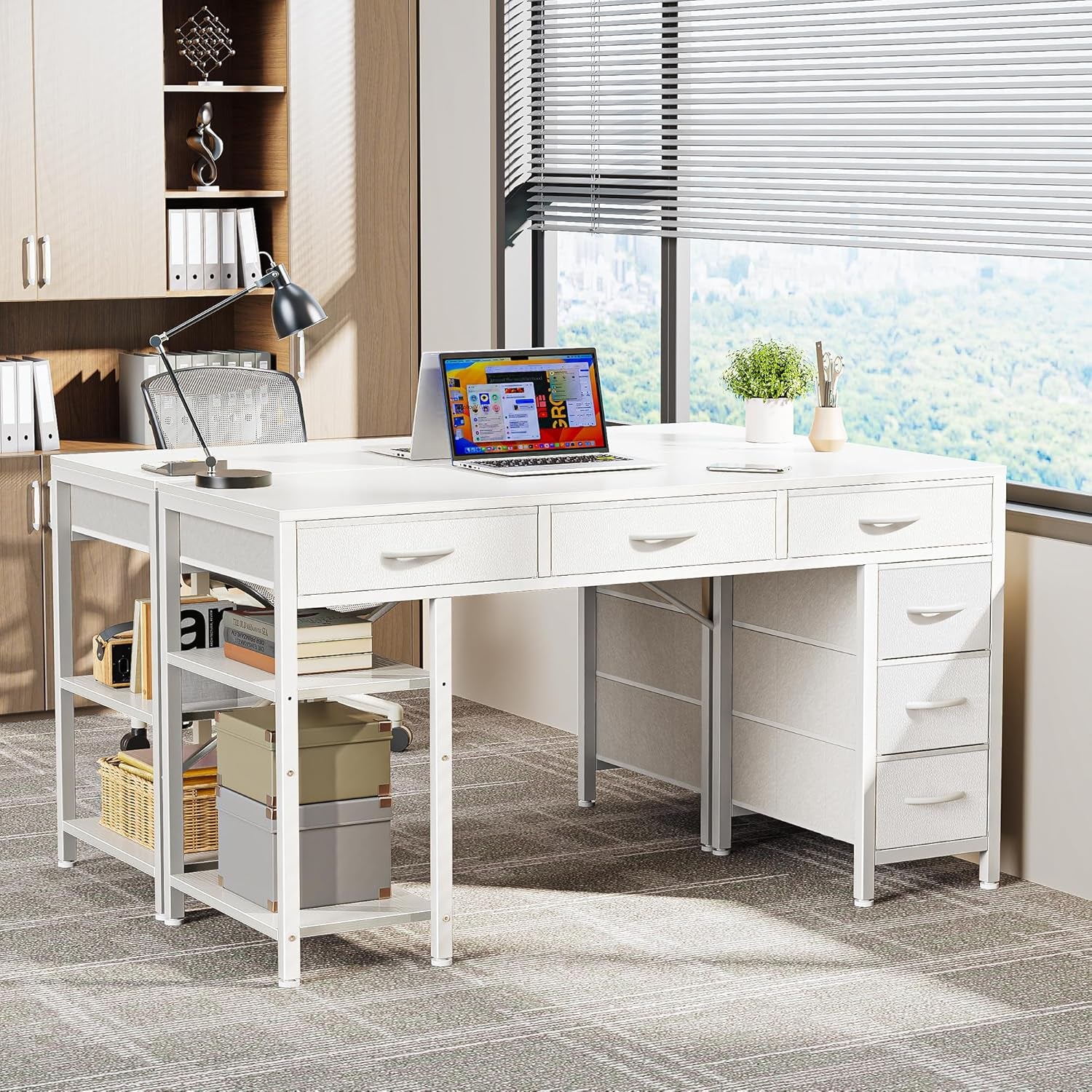 47-Inch Computer Desk with 6 Drawers and Shelves, Reversible Corner Desk for Home Office, Study, and Living Room, White