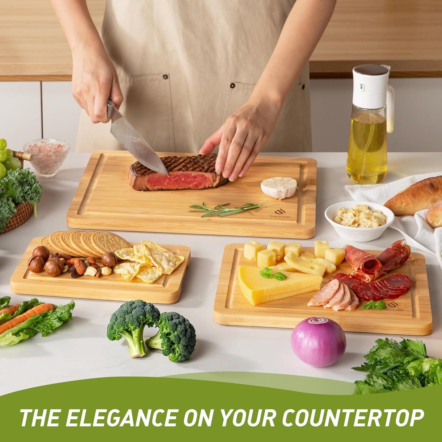 Bamboo Cutting Board Set Non Slip Feet Wood Cutting Boards for Kitchen with Juice Grooves & Built-In Handles, Ideal Charcuterie & Chopping for Meat, Vegetables and Fruits Kitchen Gift for Home Cooks