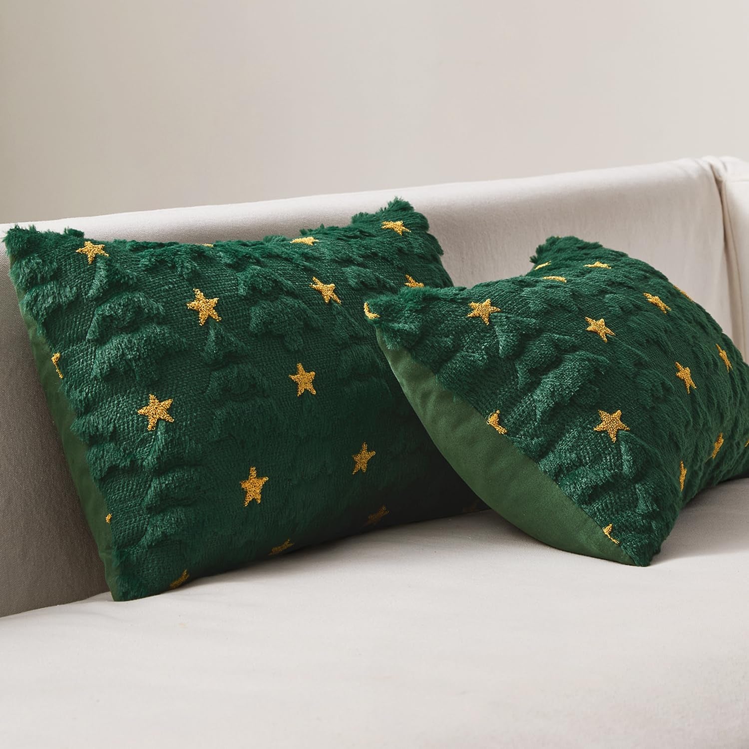 Christmas Pillow Covers 12X20 Inch Set of 2, Dark Green Christmas Tree Plush Faux Fur Pillowcases Soft Decorative Throw Pillow Cases for Couch Sofa Living Room Winter Xmas Holiday Home Decor