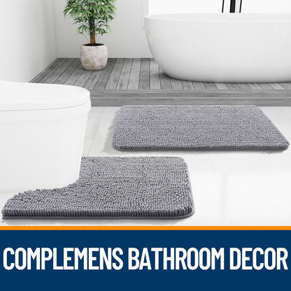 Bathroom Rugs Sets 2 Piece, Soft Absorbent Chenille Bath Mats and U-Shaped Contour Toilet Mat Area Rug Set, Machine Washable Bath Carpet, Home Decor Accessories(30"X20"+24"X20", Grey)