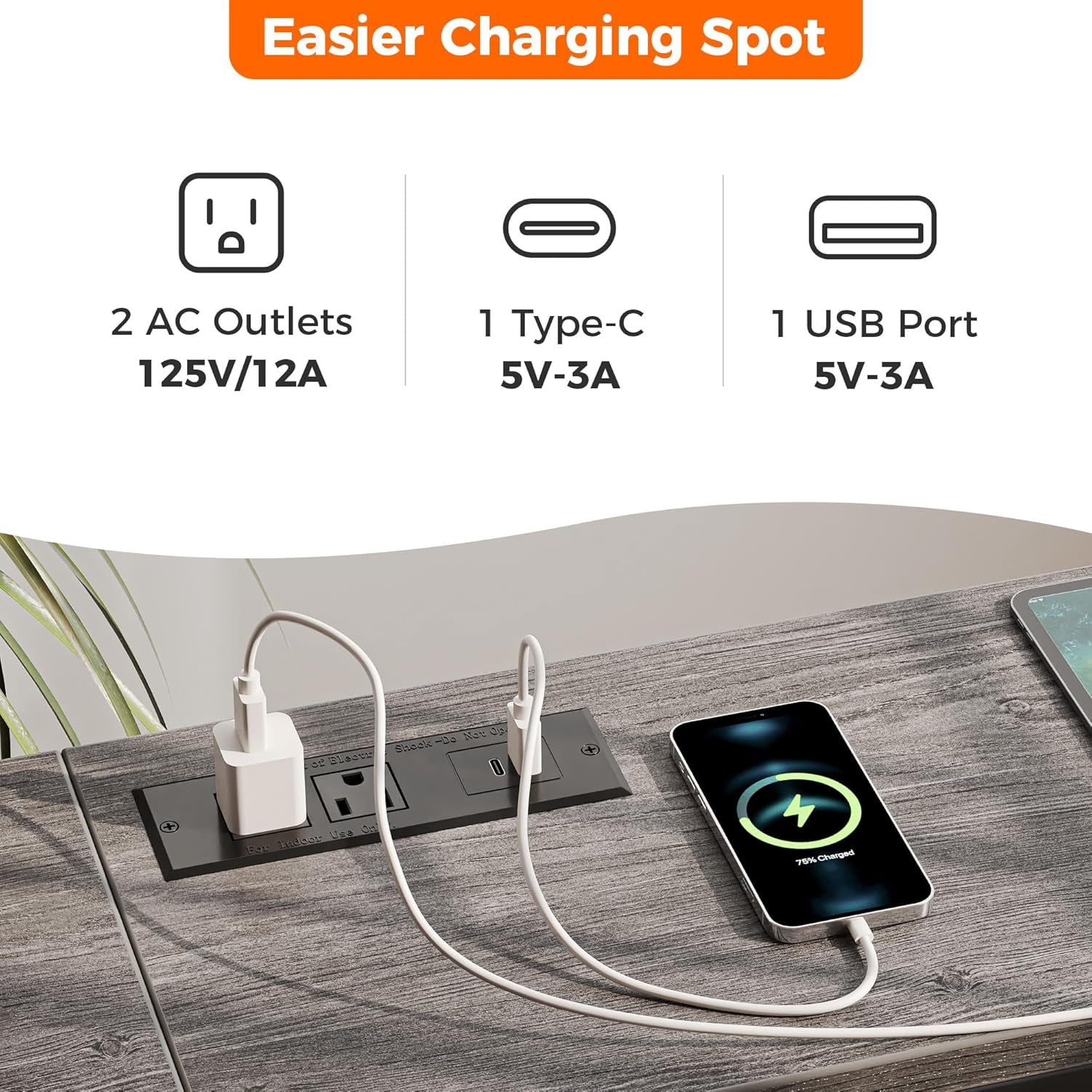 70-Inch Console Table with Built-In Charging Station, Narrow Entryway Hall Table in Charcoal Gray for Living Room Use